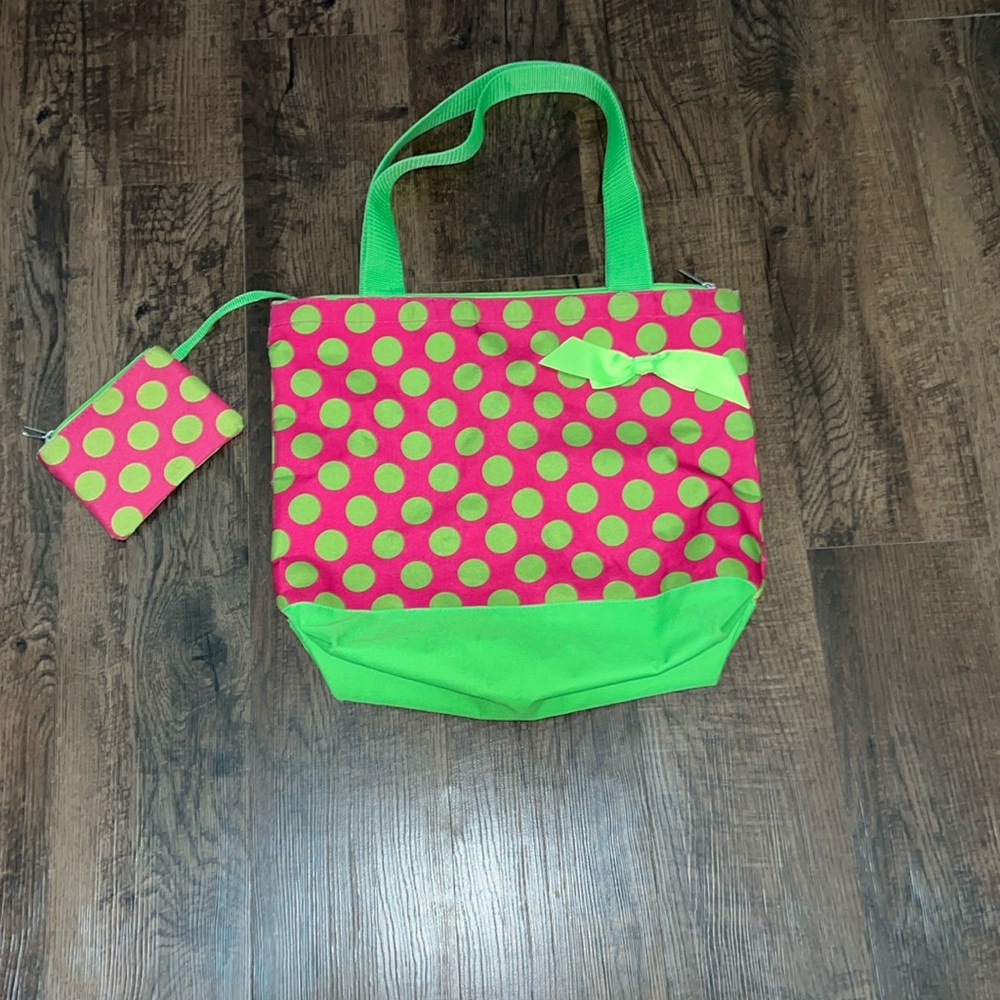 Green and pink polka dot bag